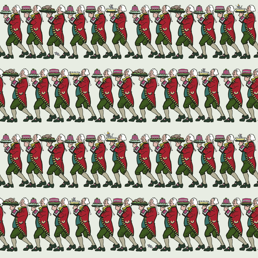 A repeating illustrated pattern of marching soldiers in red coats and green breeches on a light gray background.