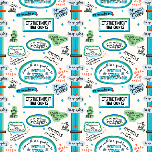 Wrapping paper with repeating colorful text boxes and speech bubbles featuring humorous and motivational phrases on a white background