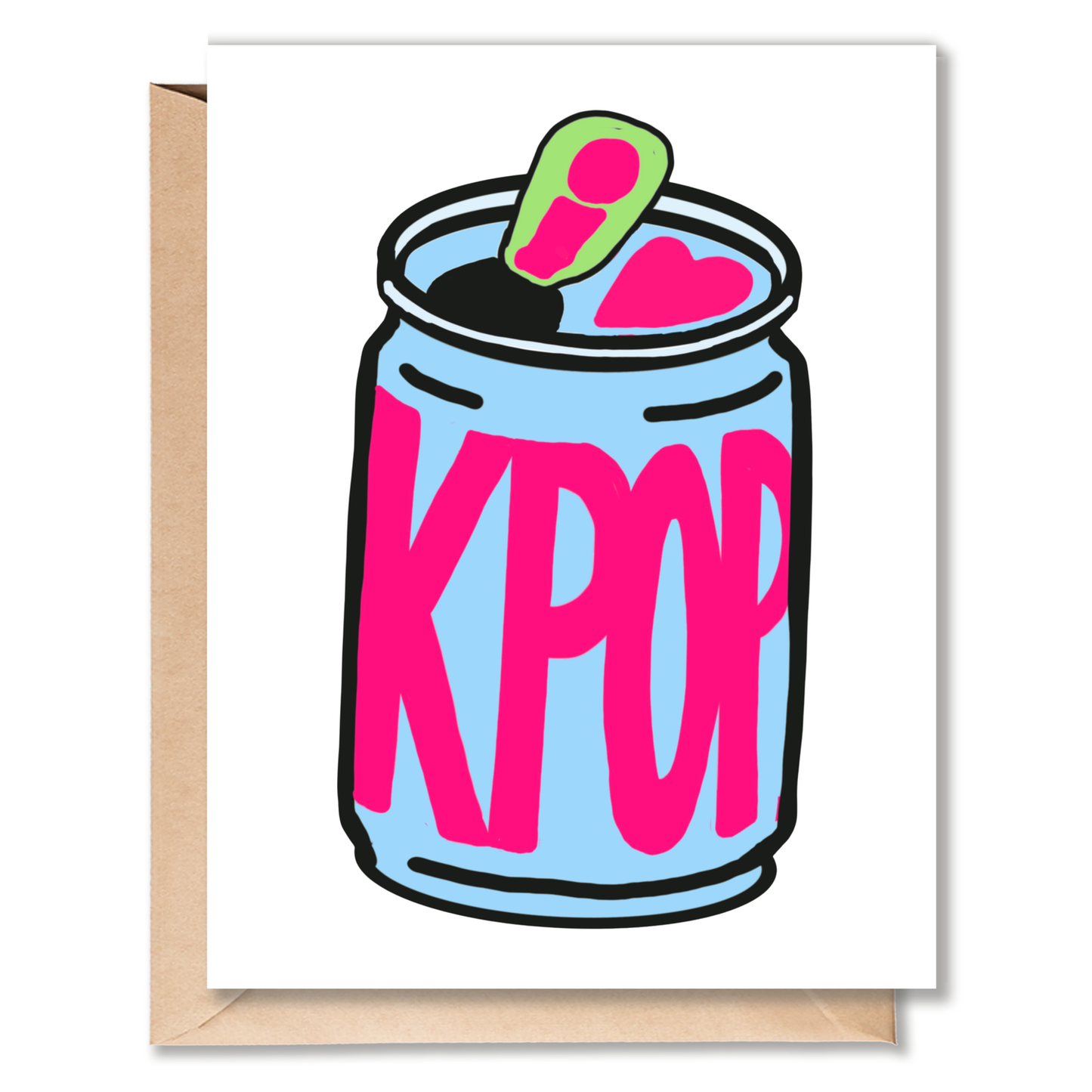 Greeting card with a light blue illustrated beverage can labeled “KPOP” in pink letters, with a green tab and a pink heart inside the open top