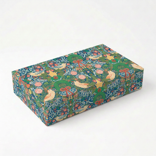Rectangular shirt-box mockup with your Christmas bird wrapping-paper design