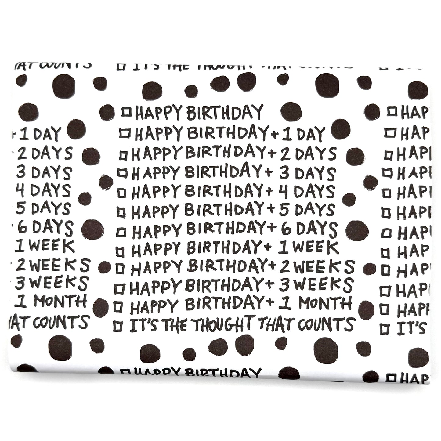 Wrapping paper with repeating belated birthday +1 day, +2 days, etc. Ends with "It's the Thought That Counts"