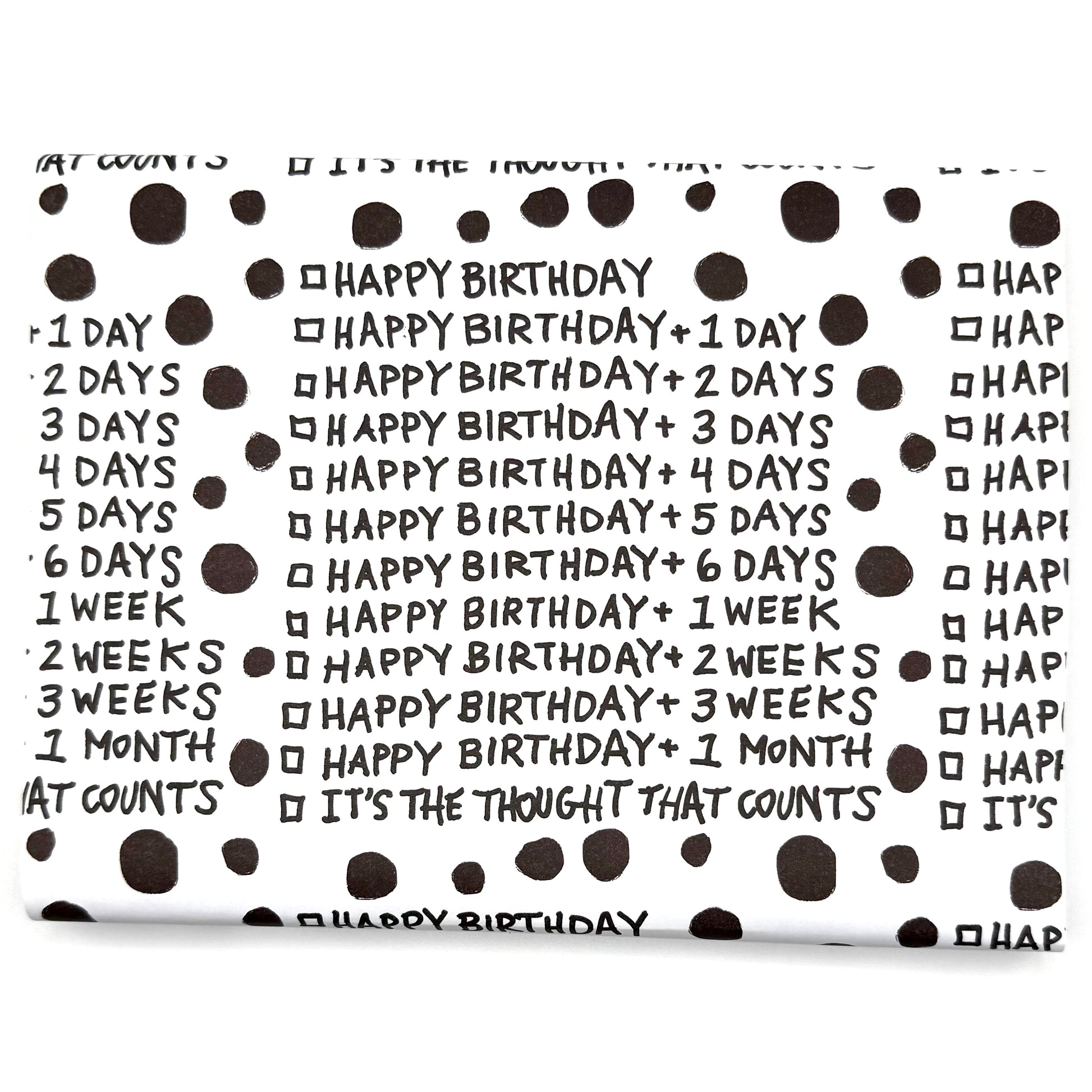 Wrapping paper with repeating belated birthday +1 day, +2 days, etc. Ends with "It's the Thought That Counts"