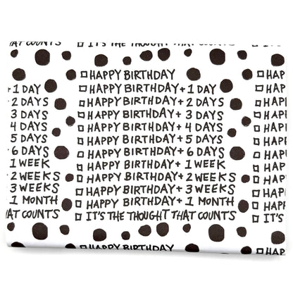Wrapping paper with repeating belated birthday +1 day, +2 days, etc. Ends with "It's the Thought That Counts"