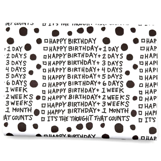 Wrapping paper with repeating belated birthday +1 day, +2 days, etc. Ends with "It's the Thought That Counts"
