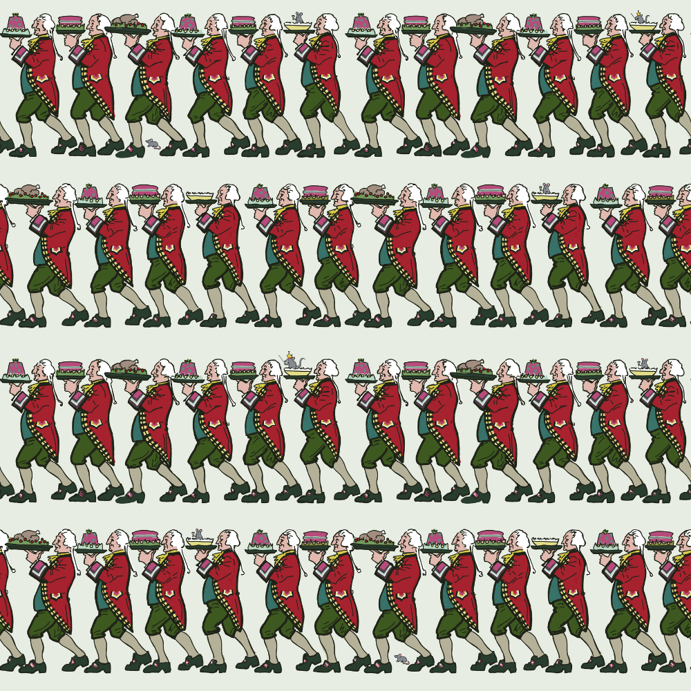 A repeating illustrated pattern of marching soldiers in red coats and green breeches on a light gray background.