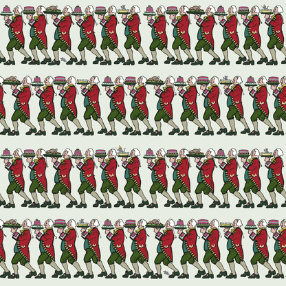 A repeating illustrated pattern of marching soldiers in red coats and green breeches on a light gray background.