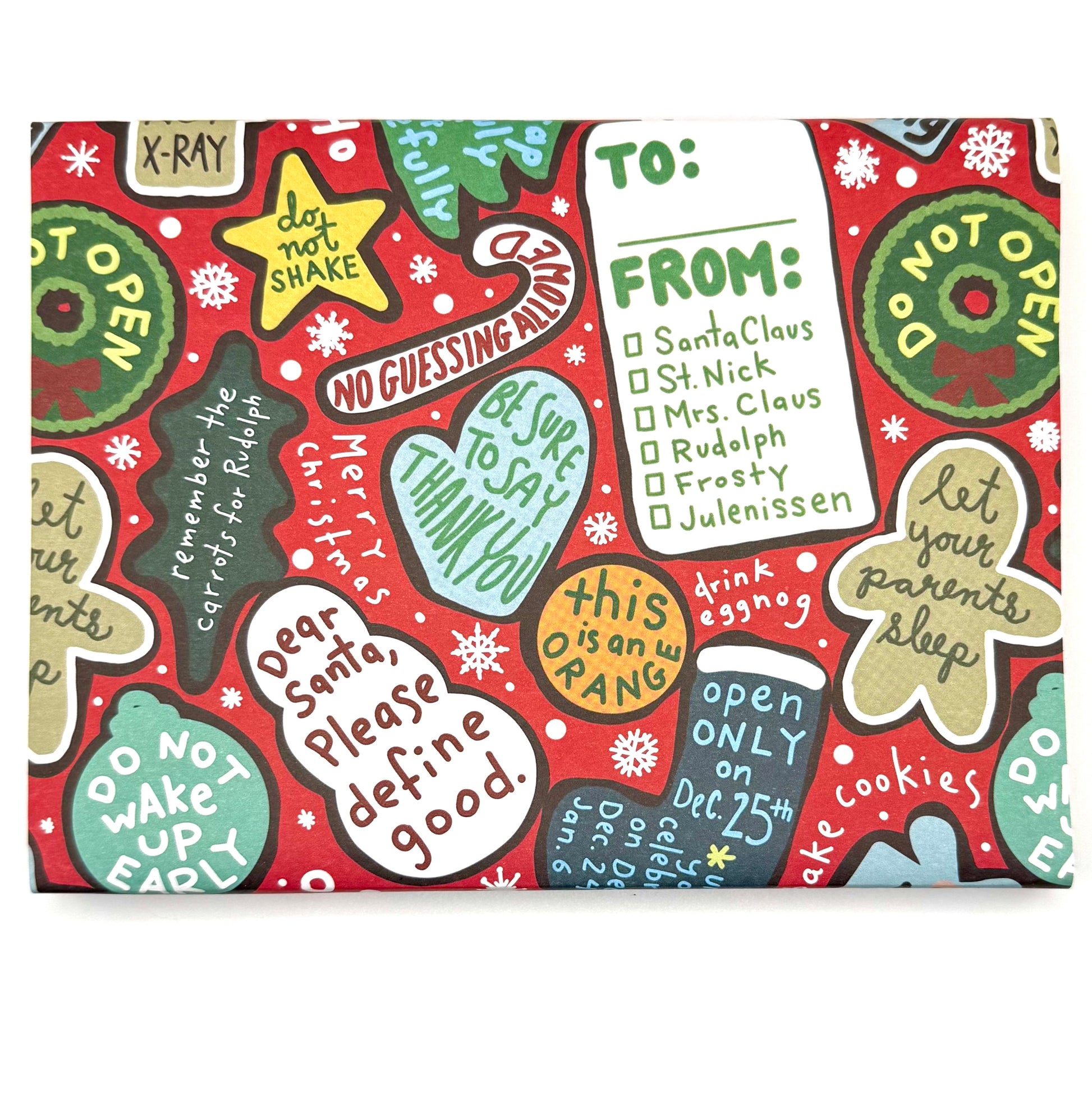 Wrapping paper with repeating Christmas holiday illustrations and text