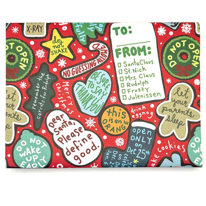 Wrapping paper with repeating Christmas holiday illustrations and text