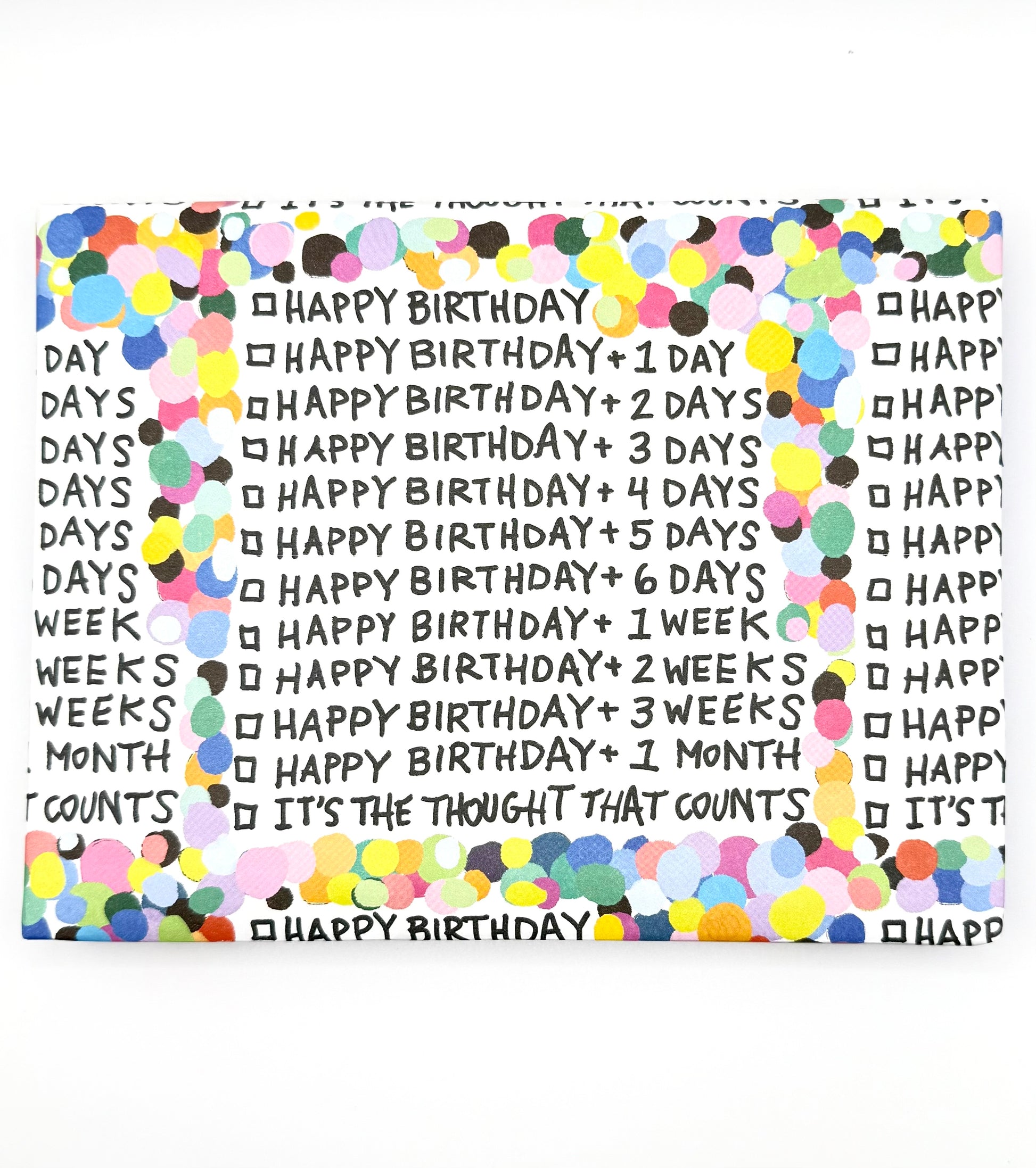 Wrapping paper with repeating belated birthday text and confetti pattern