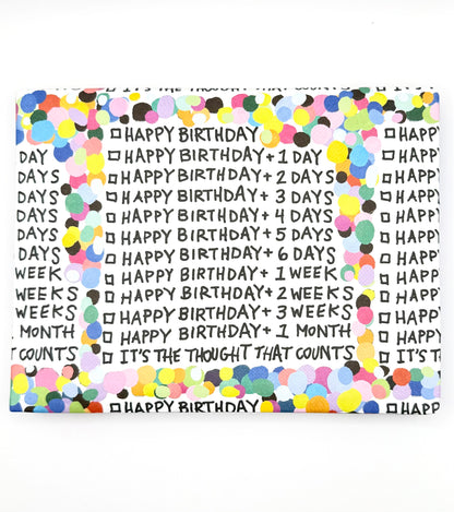 Wrapping paper with repeating belated birthday text and confetti pattern