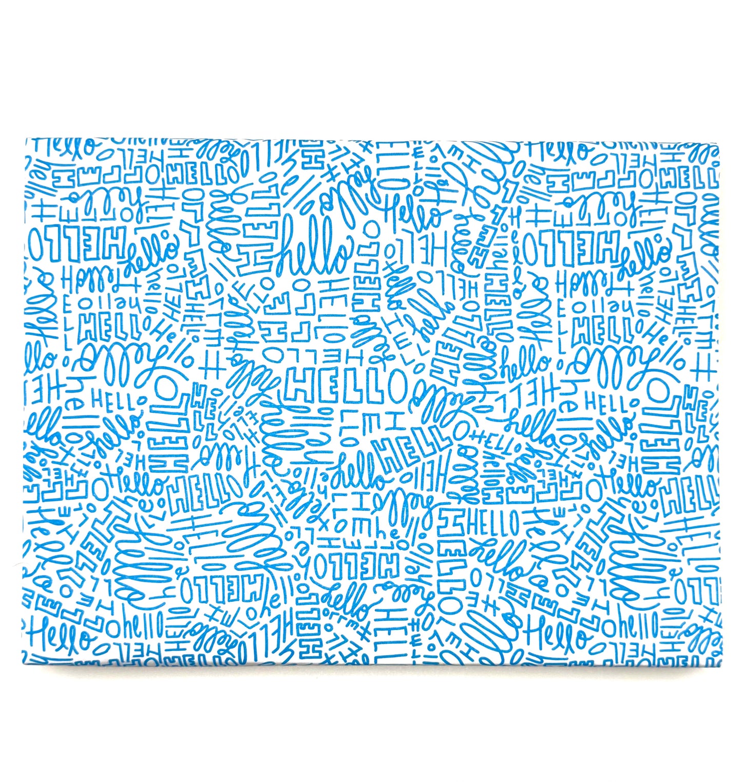 Wrapping paper with repeating “Hello” text in playful lettering