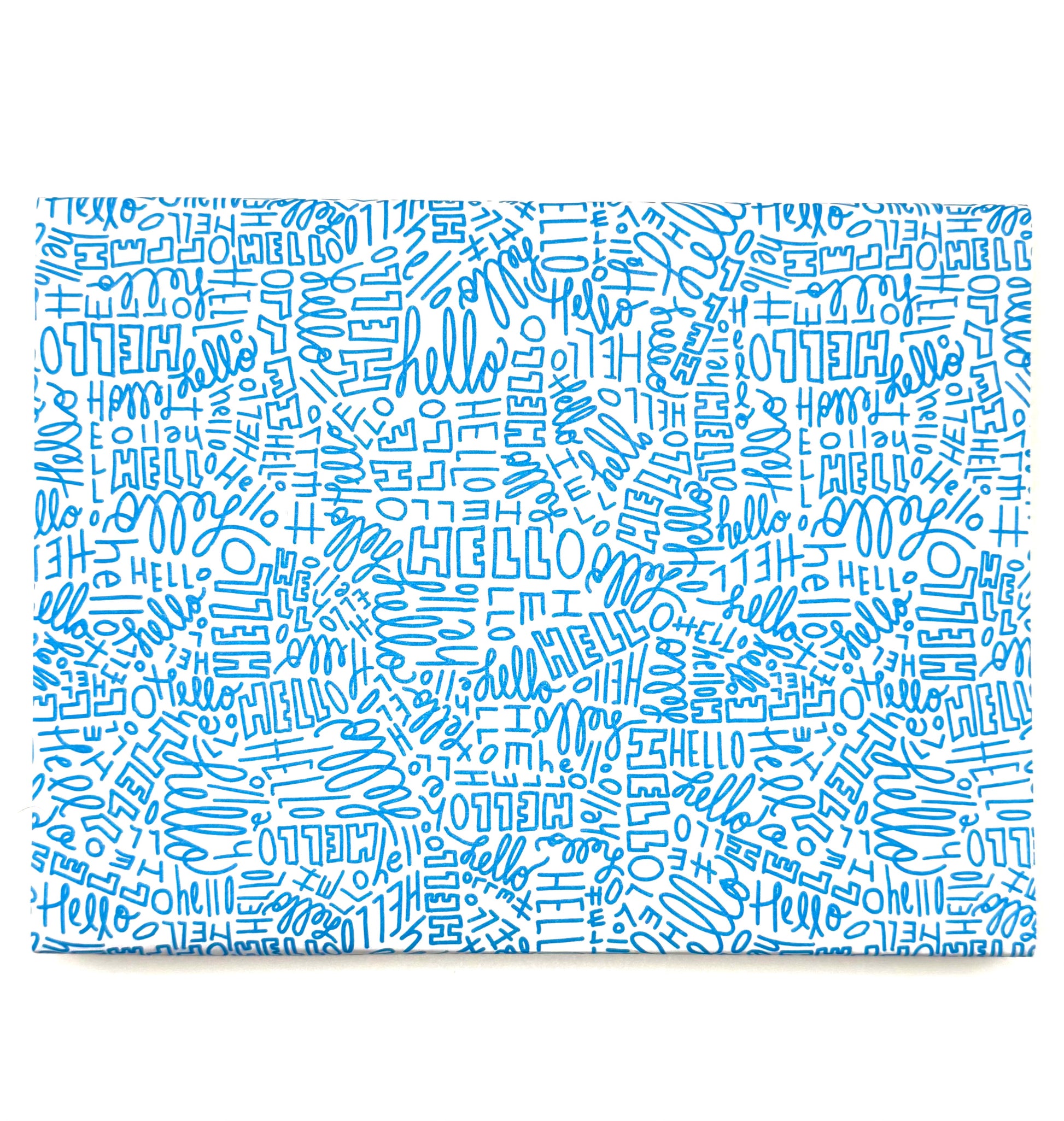 Wrapping paper with repeating “Hello” text in playful lettering
