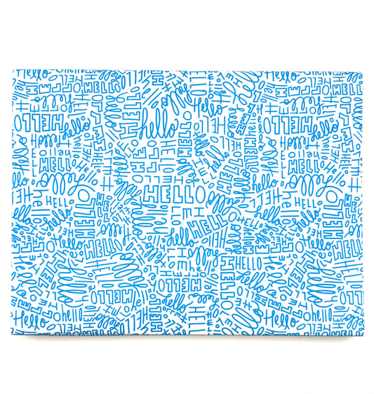 Wrapping paper with repeating “Hello” text in playful lettering