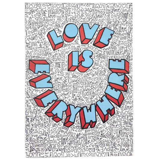 Wrapping paper with repeating “Love Is Everywhere” text pattern
