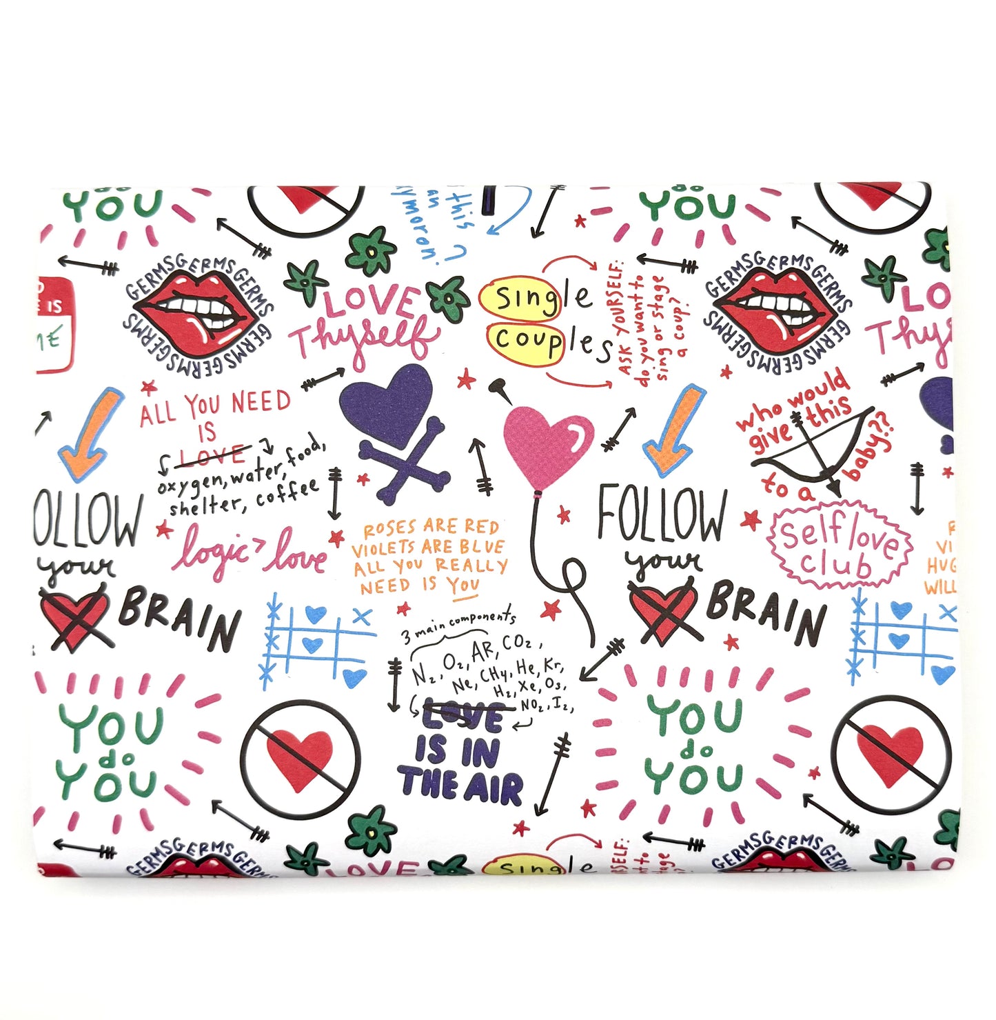 Colorful wrapping paper with playful design featuring hearts, words, and symbols of love and self-care.