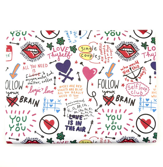 Colorful wrapping paper with playful design featuring hearts, words, and symbols of love and self-care.