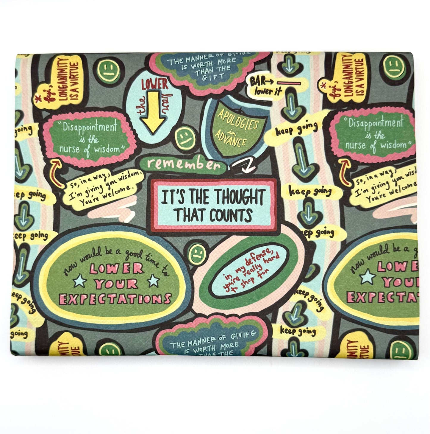 Wrapping paper with humorous text "Lower Your Expectations" and "It's the Thought That Counts" 