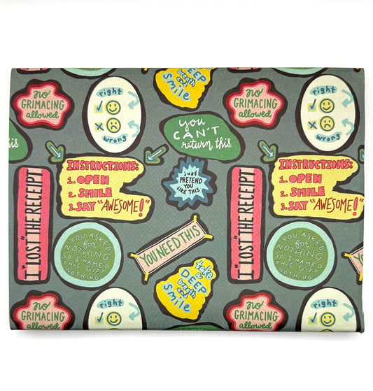Wrapping paper with humorous text boxes and labels, such as "You Can't Return This" and "I 'Lost' The Receipt"
