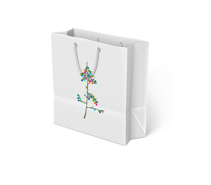 White gift bag with gray rope handles featuring an illustration of a tree branch decorated with colorful round ornaments