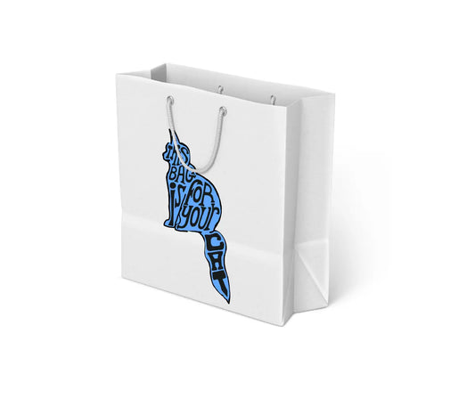 White gift bag with blue cat and text reading "This bag is for your cat"
