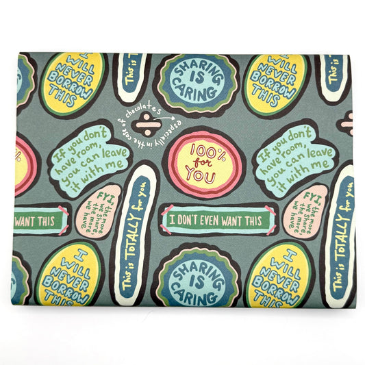 Wrapping paper with bubble phrases including “This is TOTALLY for you” and "I don't even want this" text 