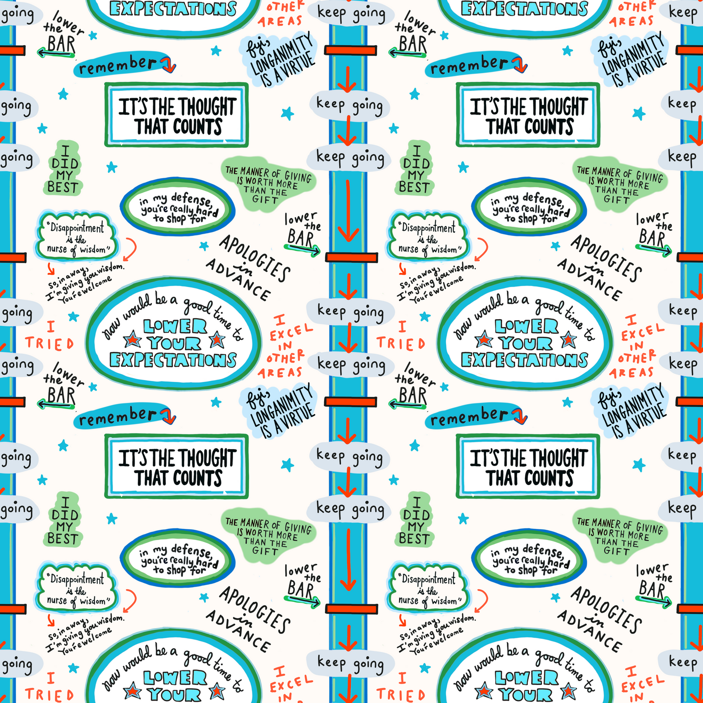 Wrapping paper with repeating colorful text boxes and speech bubbles featuring humorous and motivational phrases on a white background