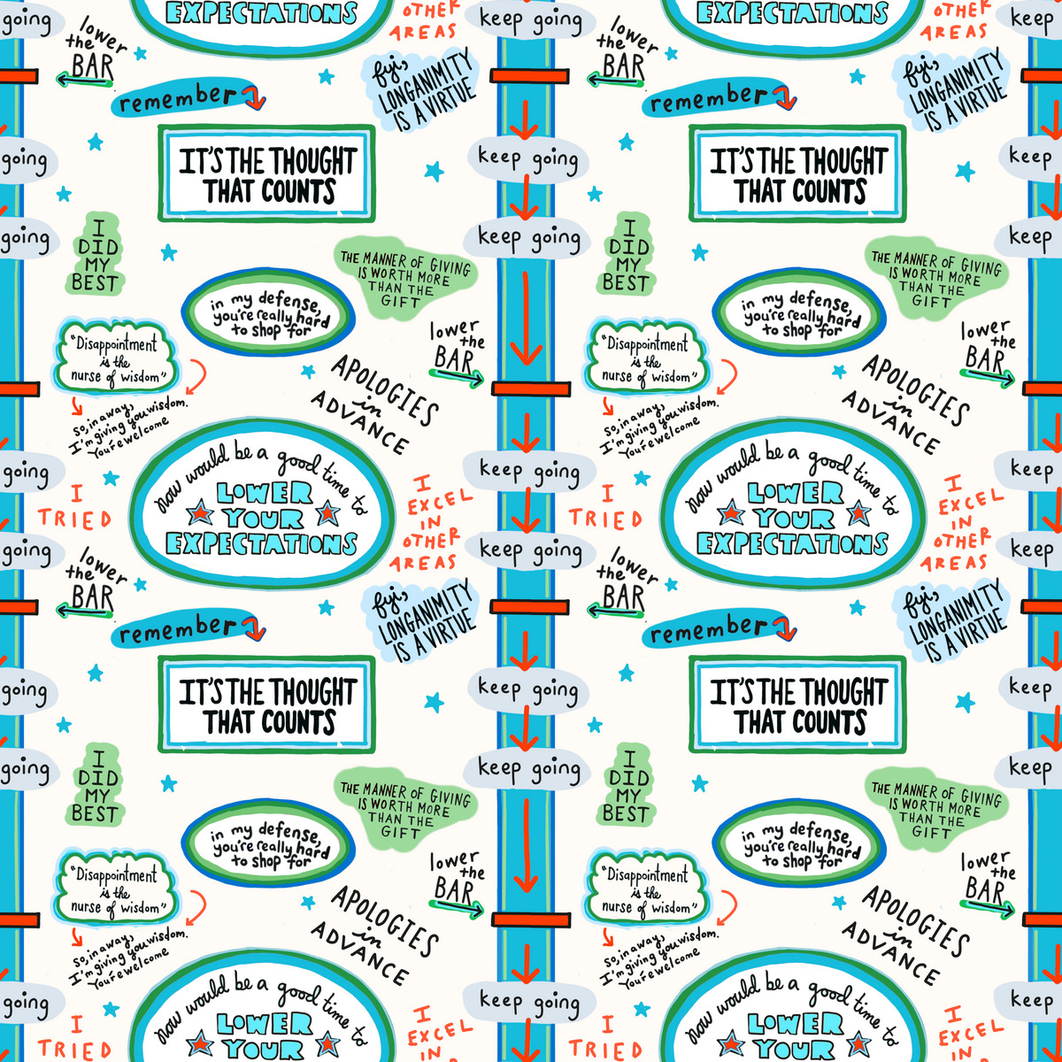 Wrapping paper with repeating colorful text boxes and speech bubbles featuring humorous and motivational phrases on a white background