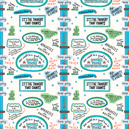 Wrapping paper with repeating colorful text boxes and speech bubbles featuring humorous and motivational phrases on a white background