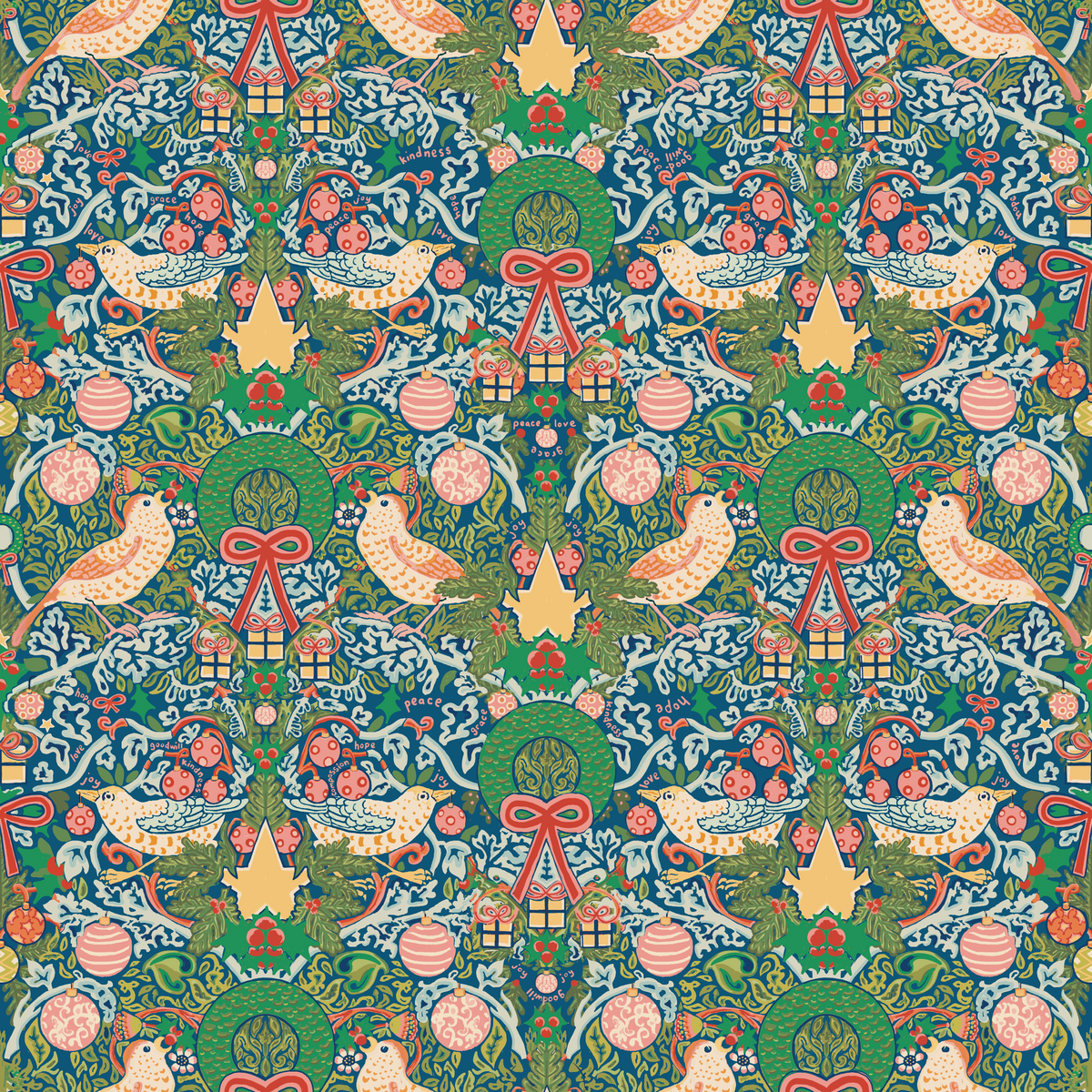 Whimsical Christmas wrapping paper with colorful birds, festive ribbons, florals, and hand‑drawn words like peace, love, and kindness.