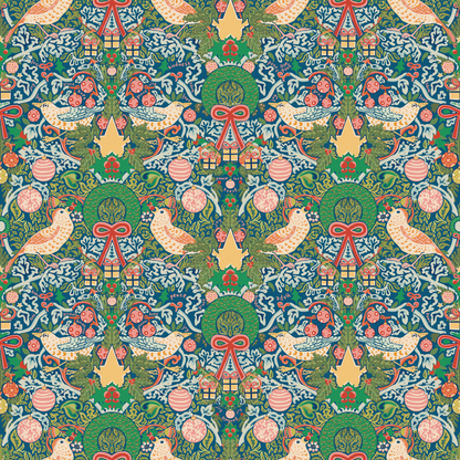 Whimsical Christmas wrapping paper with colorful birds, festive ribbons, florals, and hand‑drawn words like peace, love, and kindness.