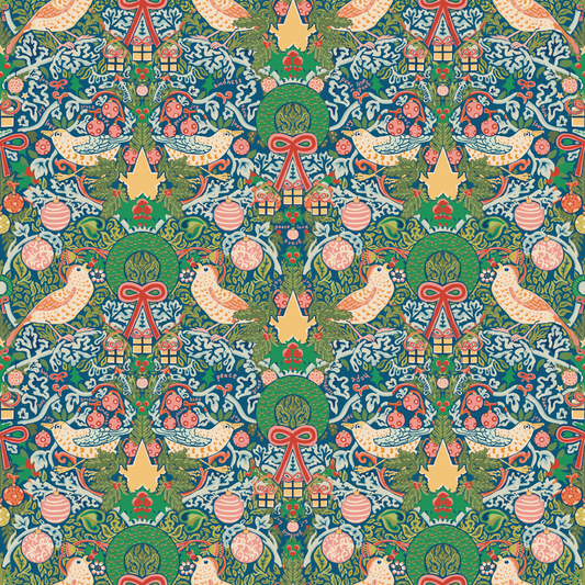 Whimsical Christmas wrapping paper with colorful birds, festive ribbons, florals, and hand‑drawn words like peace, love, and kindness.