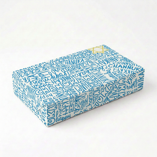 Rectangular box mockup using your blue Hanukkah lettering and yellow Star of David artwork
