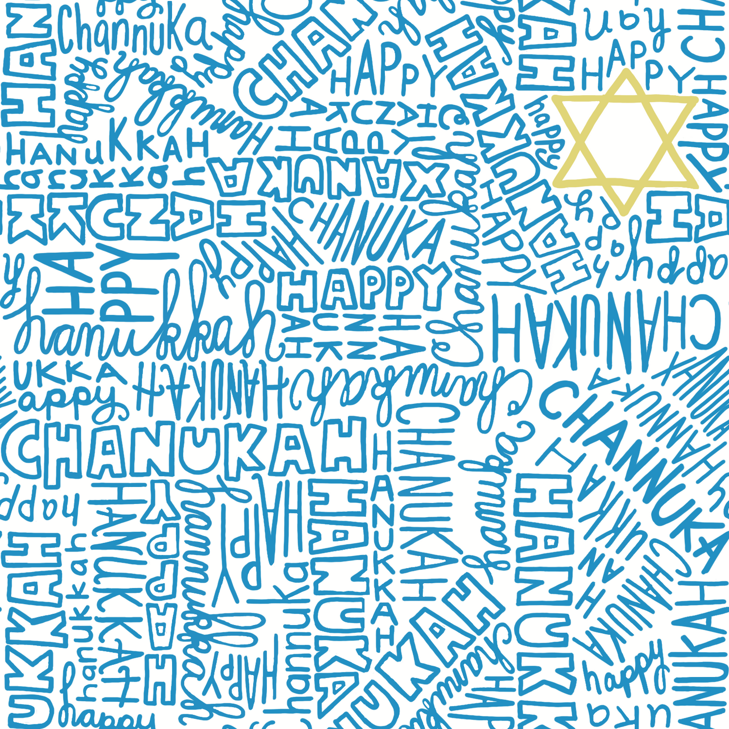 Pattern of 'Happy Chanukah' text with a Star of David on a blue background