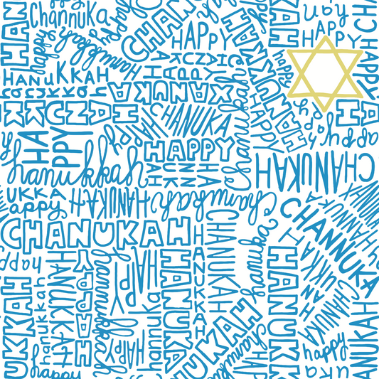Pattern of 'Happy Chanukah' text with a Star of David on a blue background